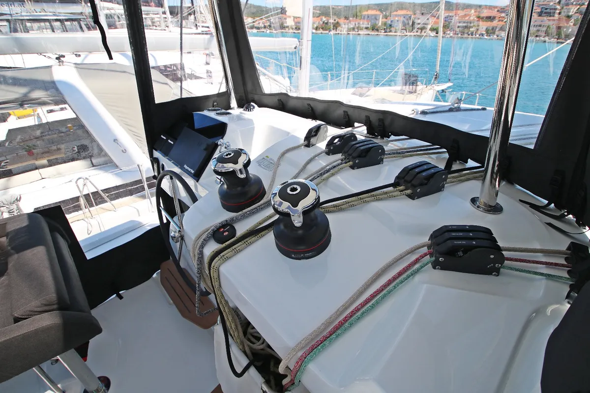 Cockpit of Solution, a Lagoon 43 catamaran at Rogoznica, Croatia