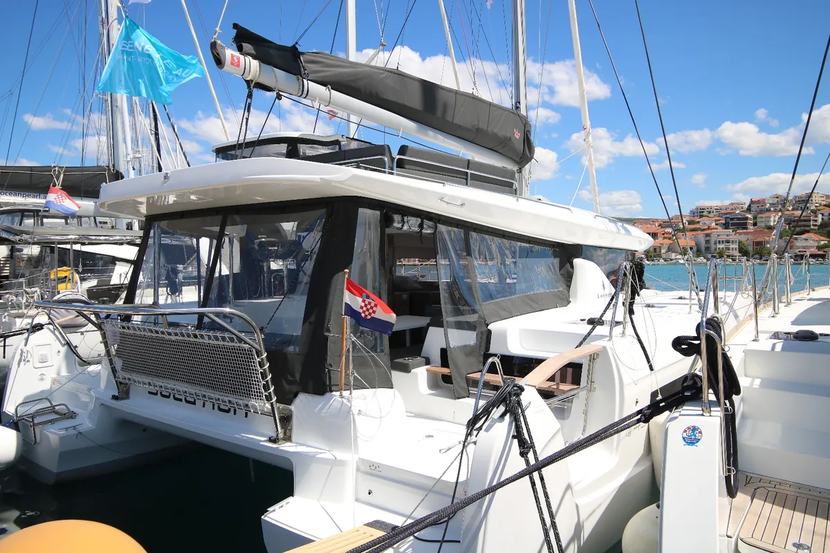 Exterior view of Solution, a Lagoon 43 catamaran at Rogoznica, Croatia