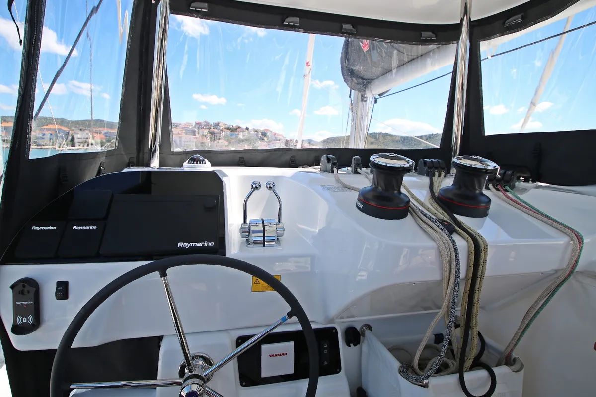 Cockpit of Solution, a Lagoon 43 catamaran at Rogoznica, Croatia