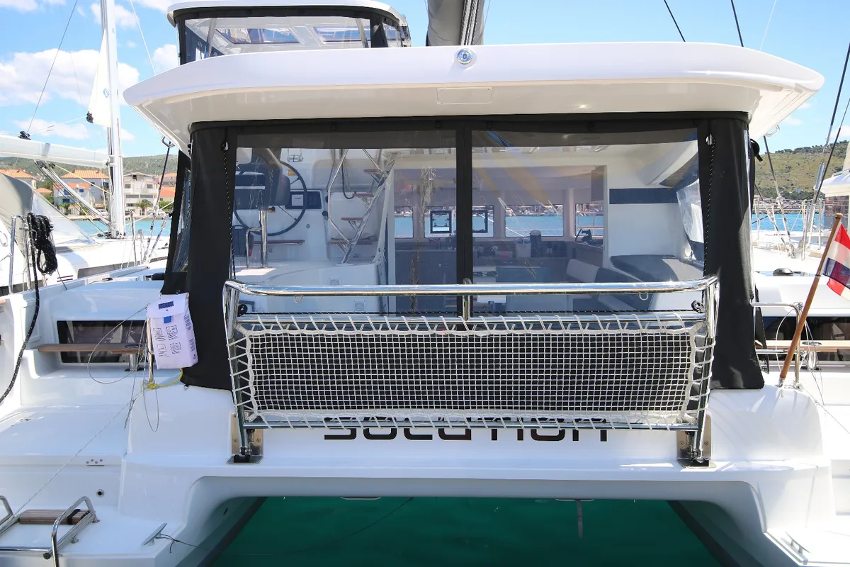 Exterior view of Solution, a Lagoon 43 catamaran at Rogoznica, Croatia