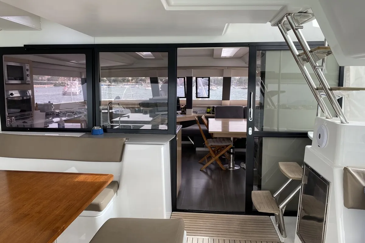 Deck of Sunshine Reggae, a Fountaine Pajot Saba 50 catamaran at Palma de Mallorca, Spain