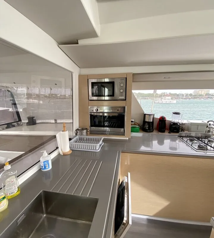 Galley of Sunshine Reggae, a Fountaine Pajot Saba 50 catamaran at Palma de Mallorca, Spain
