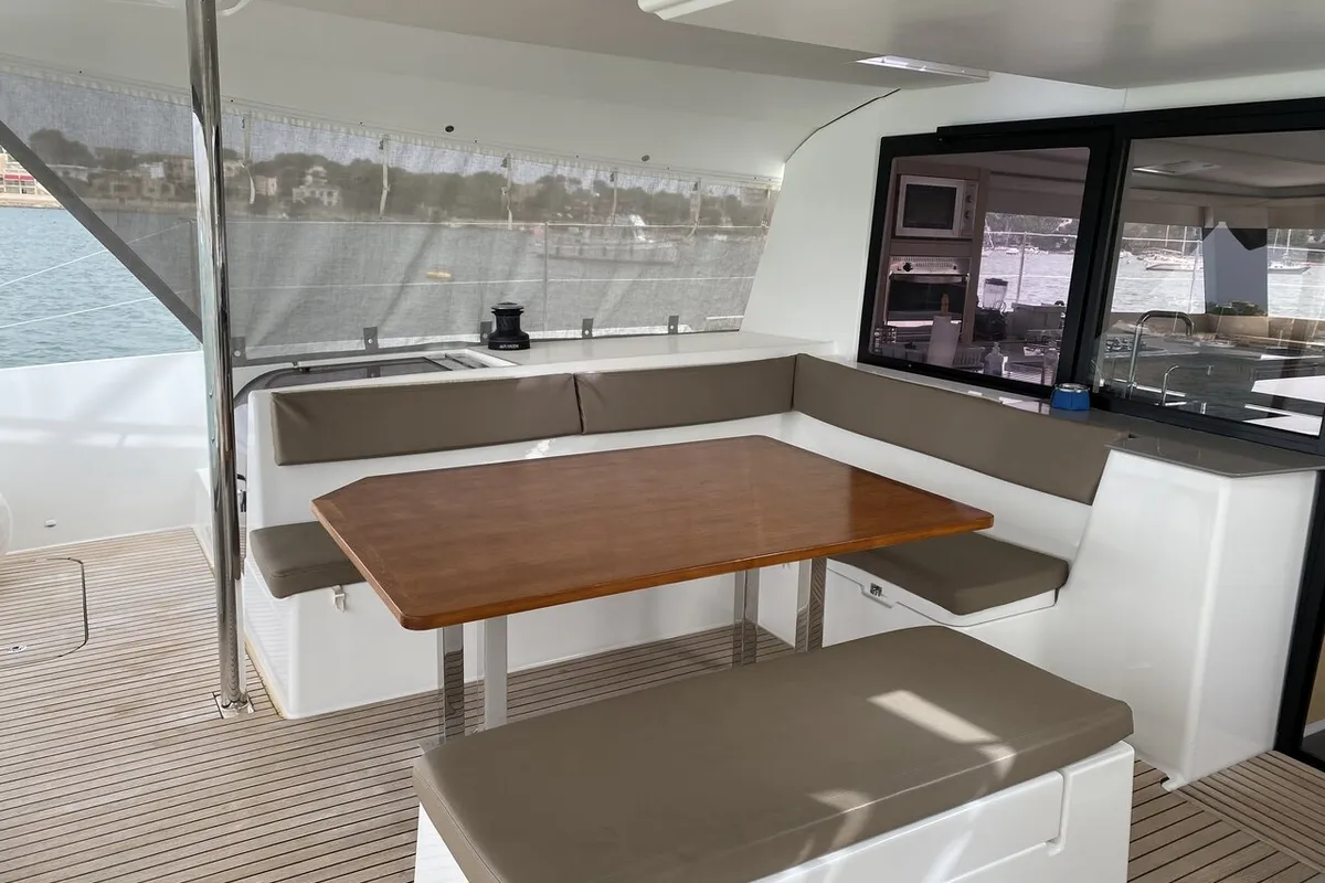 Deck of Sunshine Reggae, a Fountaine Pajot Saba 50 catamaran at Palma de Mallorca, Spain