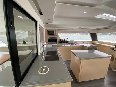 Galley of Sunshine Reggae, a Fountaine Pajot Saba 50 catamaran at Palma de Mallorca, Spain