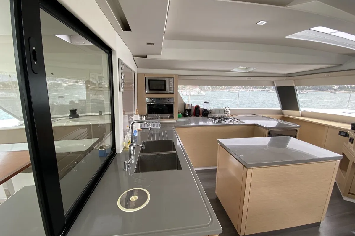 Galley of Sunshine Reggae, a Fountaine Pajot Saba 50 catamaran at Palma de Mallorca, Spain
