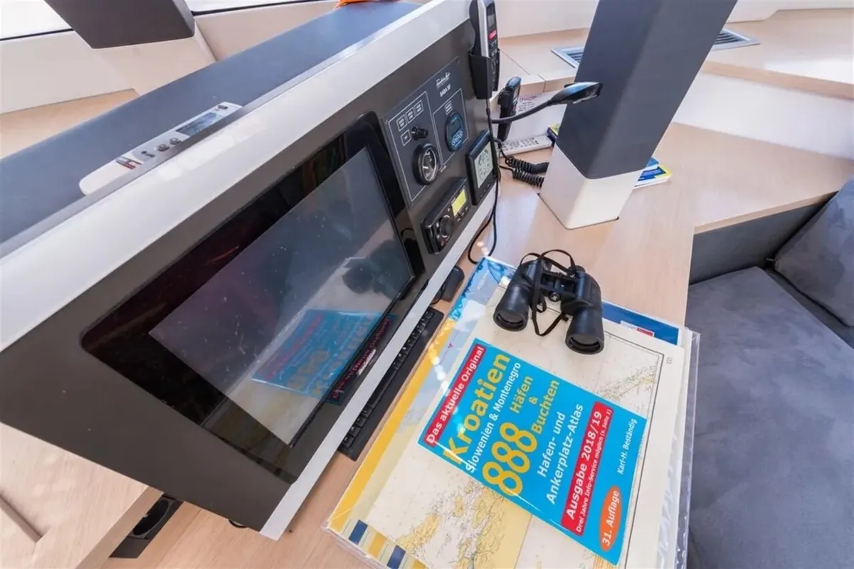Cockpit of Sunshine Reggae, a Fountaine Pajot Saba 50 catamaran at Palma de Mallorca, Spain