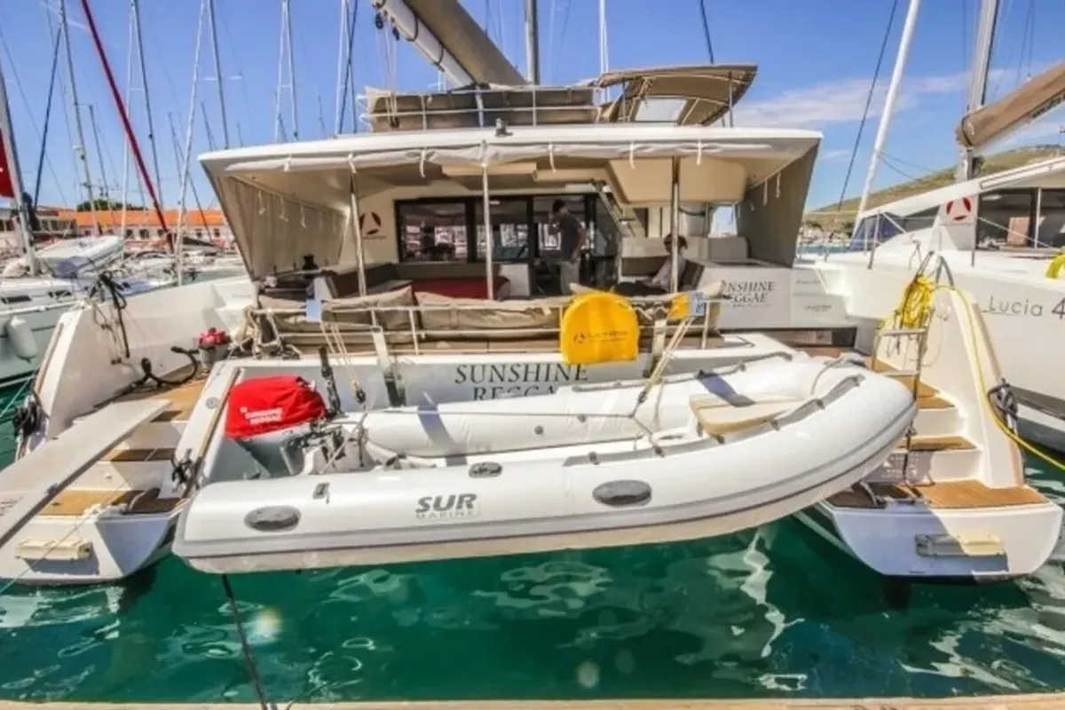 Exterior view of Sunshine Reggae, a Fountaine Pajot Saba 50 catamaran at Palma de Mallorca, Spain