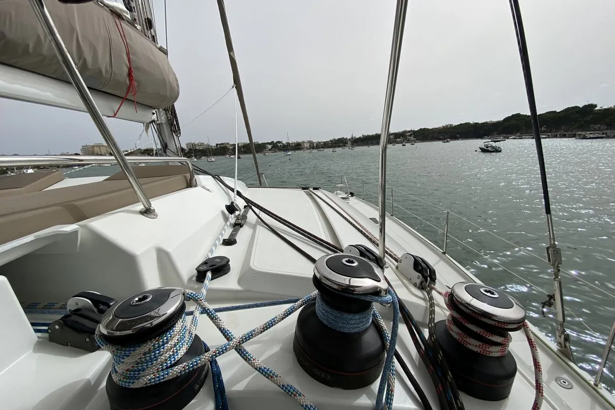 Deck of Sunshine Reggae, a Fountaine Pajot Saba 50 catamaran at Palma de Mallorca, Spain