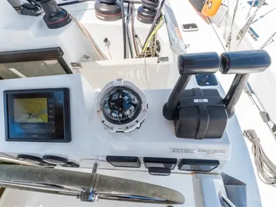 Cockpit of Sunshine Reggae, a Fountaine Pajot Saba 50 catamaran at Palma de Mallorca, Spain