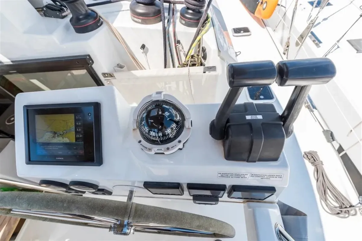 Cockpit of Sunshine Reggae, a Fountaine Pajot Saba 50 catamaran at Palma de Mallorca, Spain