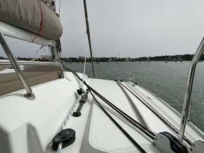 Deck of Sunshine Reggae, a Fountaine Pajot Saba 50 catamaran at Palma de Mallorca, Spain