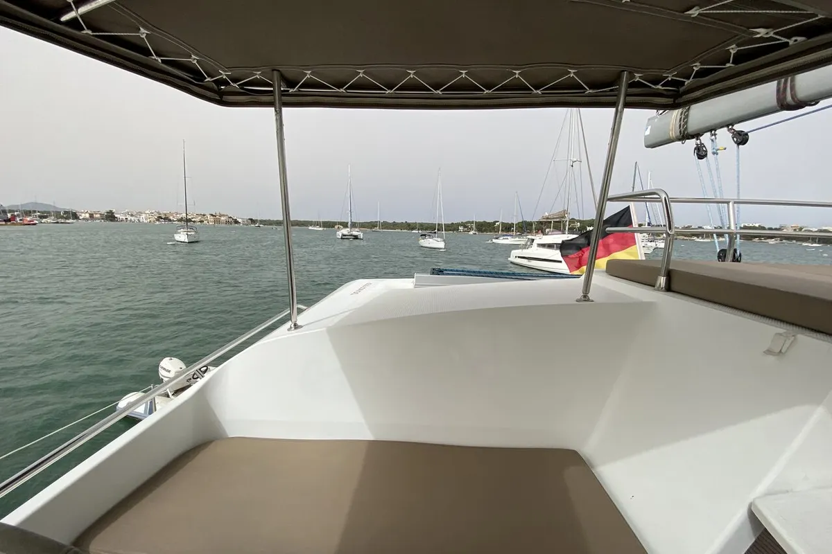 Deck of Sunshine Reggae, a Fountaine Pajot Saba 50 catamaran at Palma de Mallorca, Spain