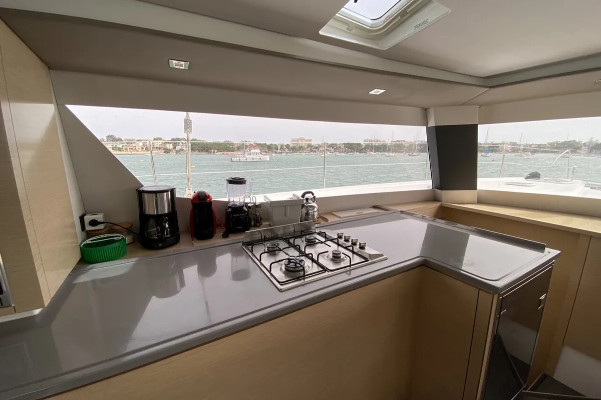 Galley of Sunshine Reggae, a Fountaine Pajot Saba 50 catamaran at Palma de Mallorca, Spain