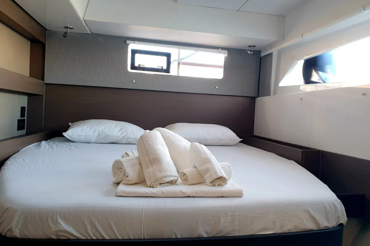 Cabin on Edoardo, a Leopard 50 catamaran at Cannigione, Italy