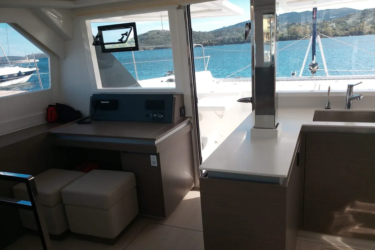 Salon of Edoardo, a Leopard 50 catamaran at Cannigione, Italy