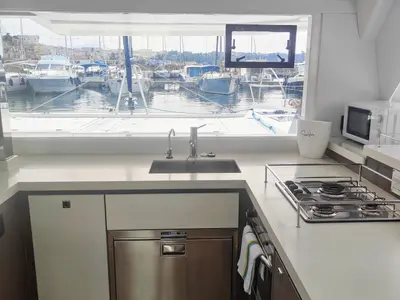 Galley of Daria, a Leopard 45 catamaran at Procida, Italy
