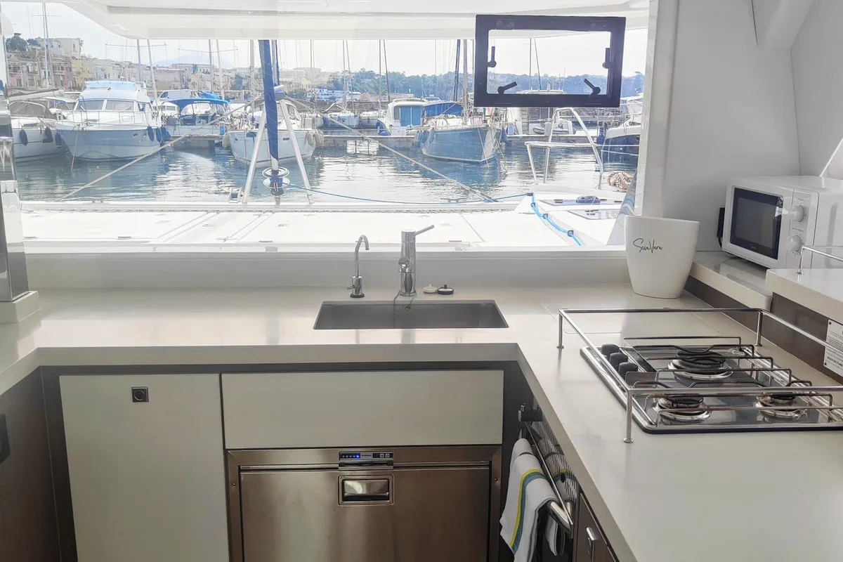 Galley of Daria, a Leopard 45 catamaran at Procida, Italy