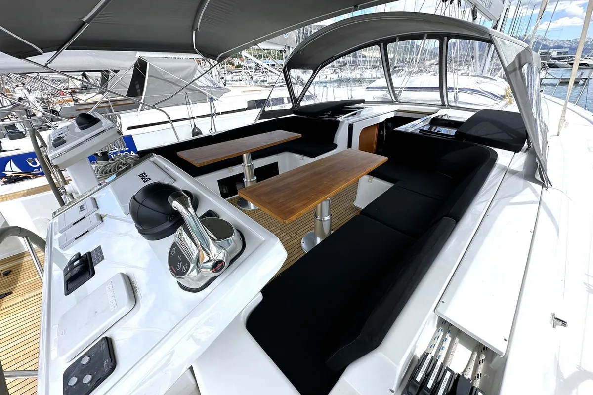 Cockpit of Adele, a Hanse 548 sailboat at Seget Donji, Croatia