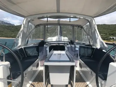 Cockpit of Perseus, a Beneteau Oceanis 41.1 sailboat at Tonnarella, Italy