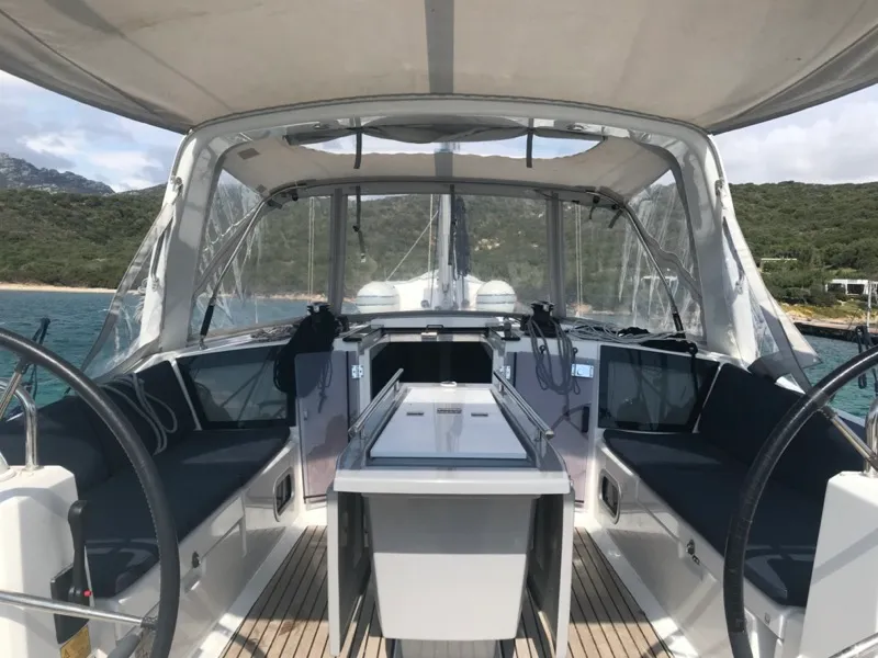 Cockpit of Perseus, a Beneteau Oceanis 41.1 sailboat at Tonnarella, Italy