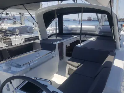 Cockpit of Euphoria, a Beneteau Oceanis 51.1 sailboat at Lavreotiki Municipal Unit, Greece