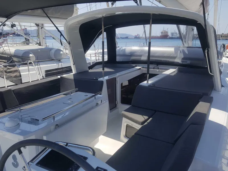 Cockpit of Euphoria, a Beneteau Oceanis 51.1 sailboat at Lavreotiki Municipal Unit, Greece