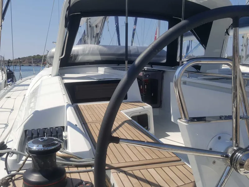 Cockpit of Euphoria, a Beneteau Oceanis 51.1 sailboat at Lavreotiki Municipal Unit, Greece