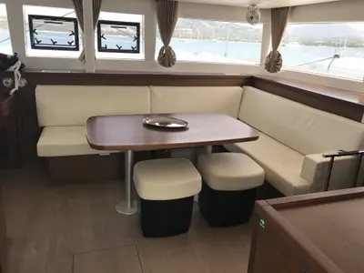 Salon of Cor Caroli, a Lagoon 450 Fly catamaran at Rosignano Solvay, Italy