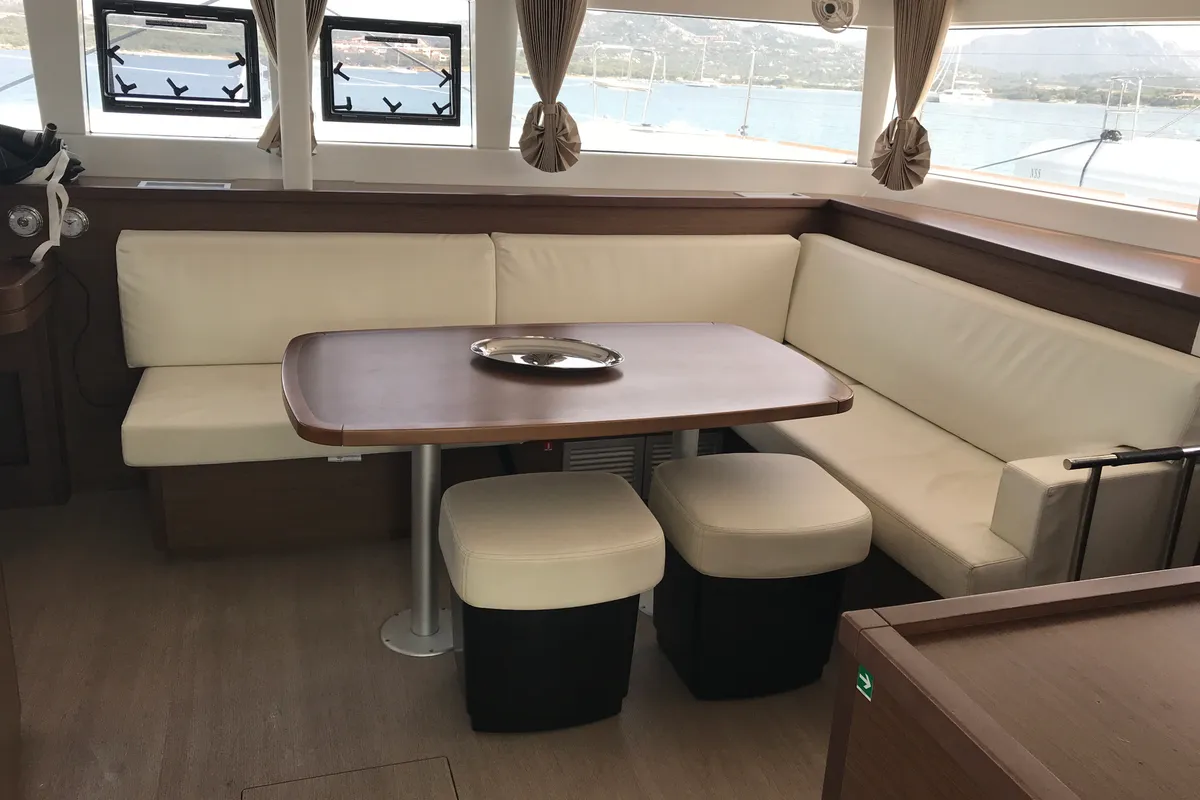 Salon of Cor Caroli, a Lagoon 450 Fly catamaran at Rosignano Solvay, Italy