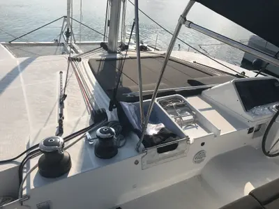 Cockpit of Cor Caroli, a Lagoon 450 Fly catamaran at Rosignano Solvay, Italy