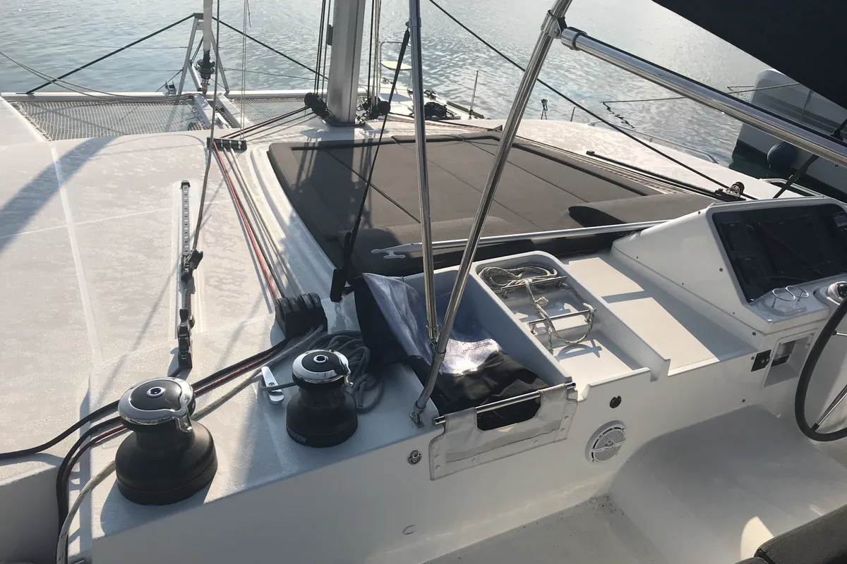 Cockpit of Cor Caroli, a Lagoon 450 Fly catamaran at Rosignano Solvay, Italy