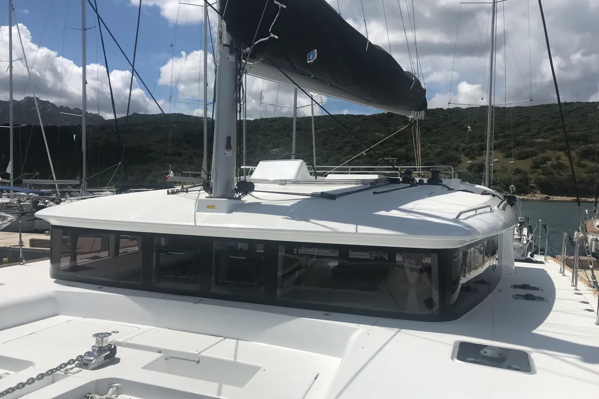 Exterior view of Cor Caroli, a Lagoon 450 Fly catamaran at Rosignano Solvay, Italy