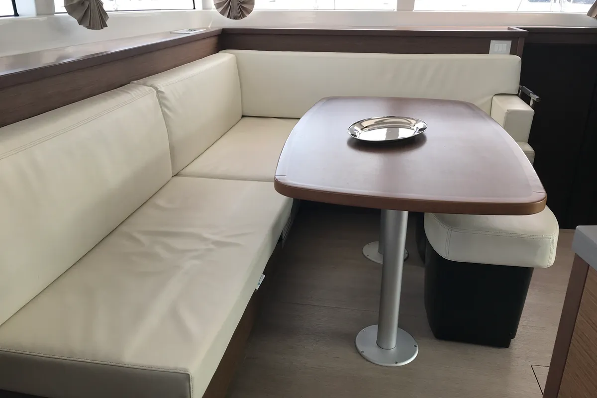 Salon of Cor Caroli, a Lagoon 450 Fly catamaran at Rosignano Solvay, Italy