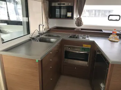 Galley of Cor Caroli, a Lagoon 450 Fly catamaran at Rosignano Solvay, Italy
