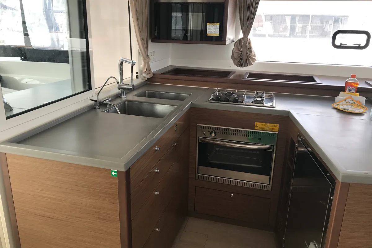 Galley of Cor Caroli, a Lagoon 450 Fly catamaran at Rosignano Solvay, Italy