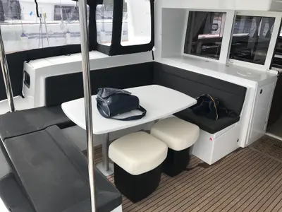 Deck of Cor Caroli, a Lagoon 450 Fly catamaran at Rosignano Solvay, Italy
