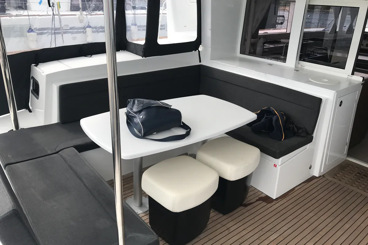 Deck of Cor Caroli, a Lagoon 450 Fly catamaran at Rosignano Solvay, Italy