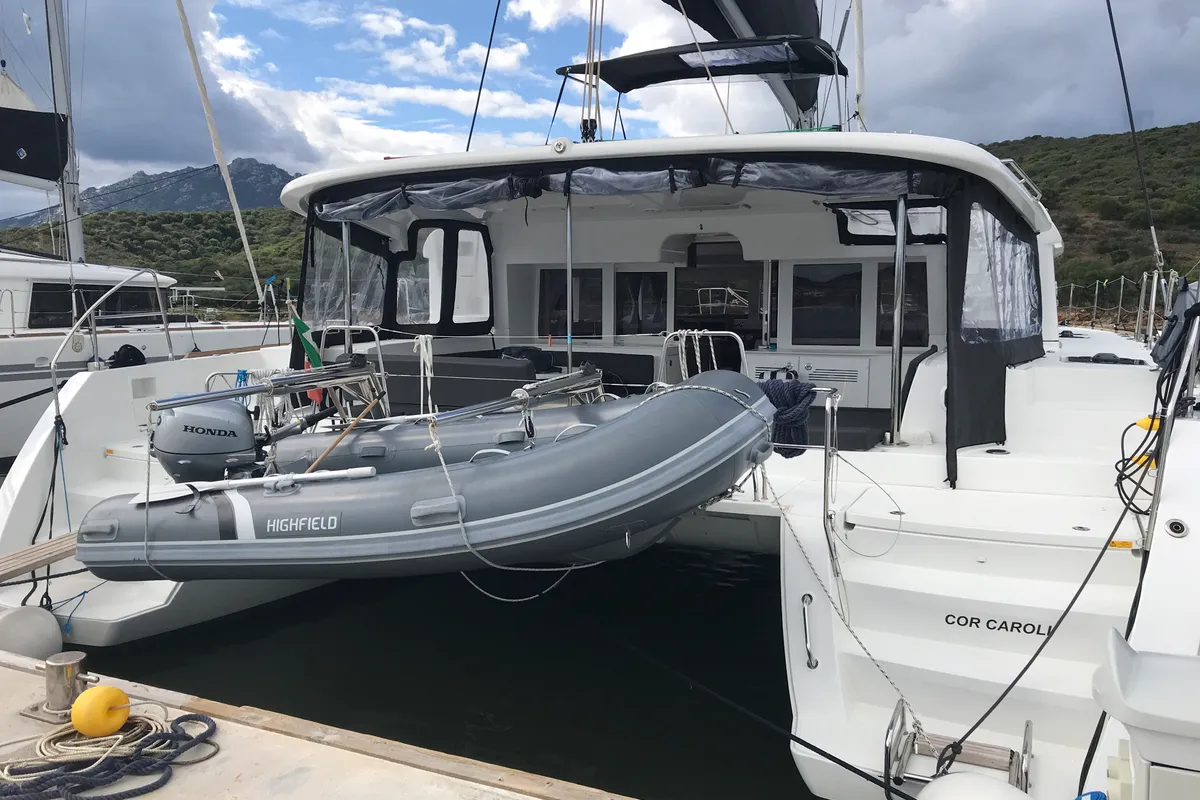 Exterior view of Cor Caroli, a Lagoon 450 Fly catamaran at Rosignano Solvay, Italy