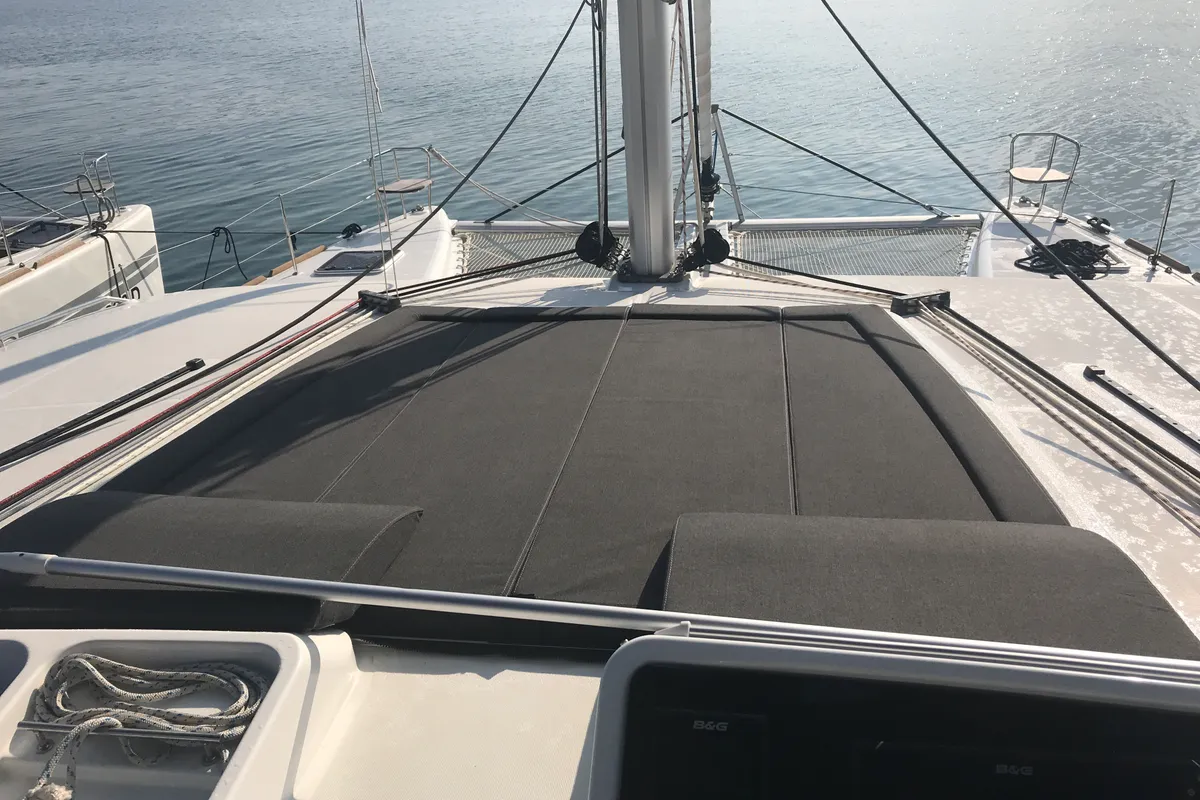 Deck of Cor Caroli, a Lagoon 450 Fly catamaran at Rosignano Solvay, Italy