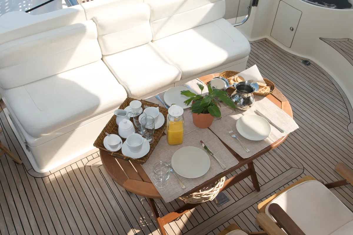 Deck of Premium +, a Azimut 58 motorboat at Athens, Greece