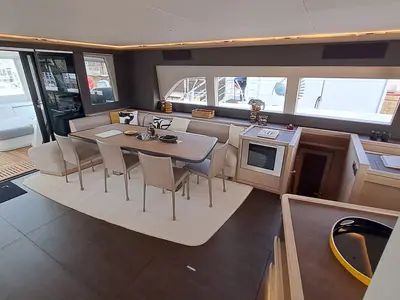 Salon of La Desirade, a Lagoon Seventy 7 catamaran at Ajaccio, France