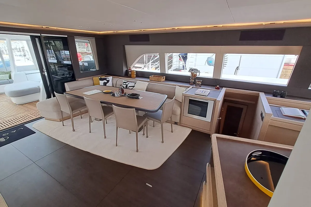 Salon of La Desirade, a Lagoon Seventy 7 catamaran at Ajaccio, France