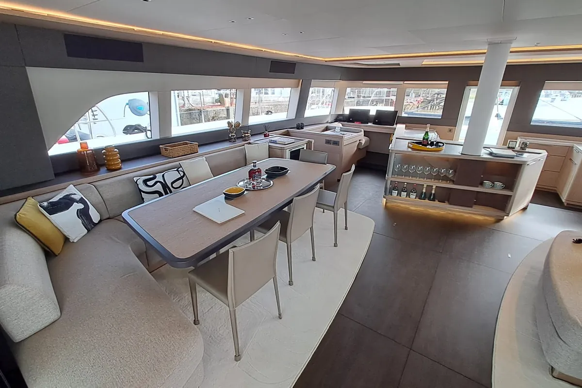 Salon of La Desirade, a Lagoon Seventy 7 catamaran at Ajaccio, France