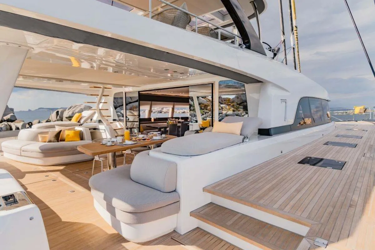 Deck of La Desirade, a Lagoon Seventy 7 catamaran at Ajaccio, France