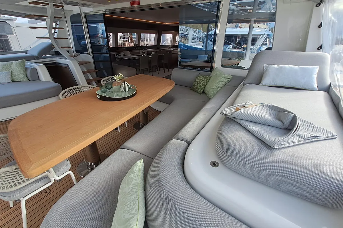 Deck of La Desirade, a Lagoon Seventy 7 catamaran at Ajaccio, France