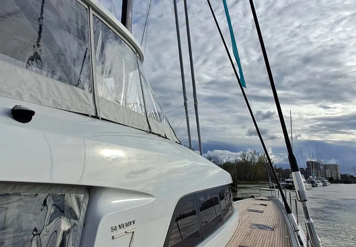 Exterior view of La Desirade, a Lagoon Seventy 7 catamaran at Ajaccio, France