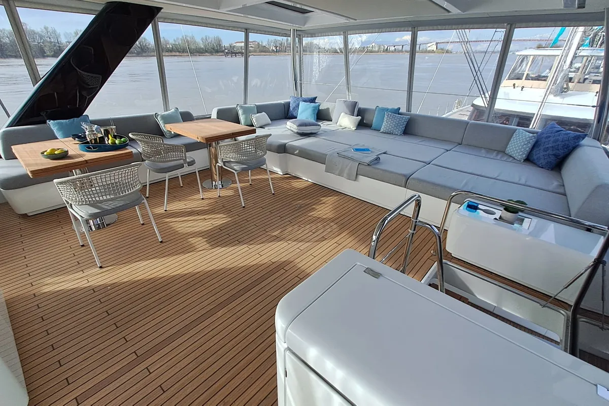Deck of La Desirade, a Lagoon Seventy 7 catamaran at Ajaccio, France