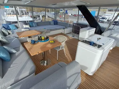 Deck of La Desirade, a Lagoon Seventy 7 catamaran at Ajaccio, France