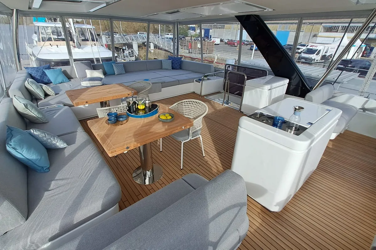 Deck of La Desirade, a Lagoon Seventy 7 catamaran at Ajaccio, France
