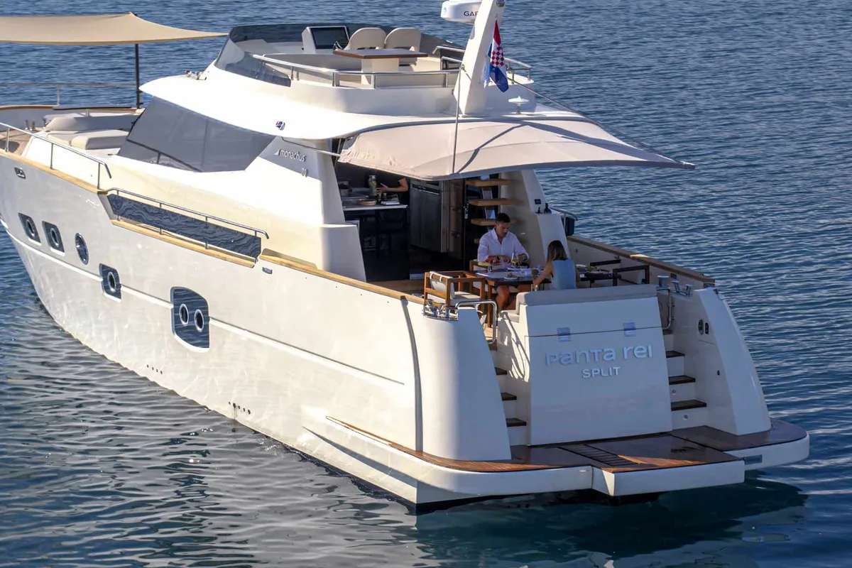 Exterior view of Panta Rei, a Monachus M70 motor yacht at Split, Croatia